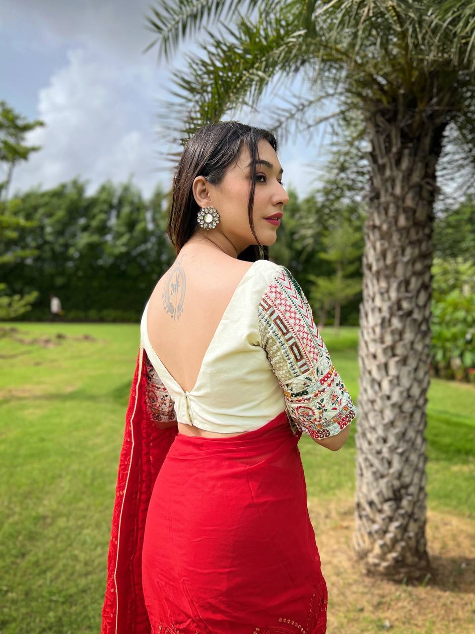 Dazzling Red Karva Chauth Georgette Chikankari Saree with Sequined Border & Viscose Thread Embroidery ClothsVilla