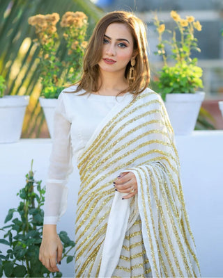 Dazzling White & Gold Striped Sequin Saree - Weave Elegance at Weddings & Parties ClothsVilla