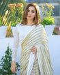 Load image into Gallery viewer, Dazzling White &amp; Gold Striped Sequin Saree - Weave Elegance at Weddings &amp; Parties ClothsVilla