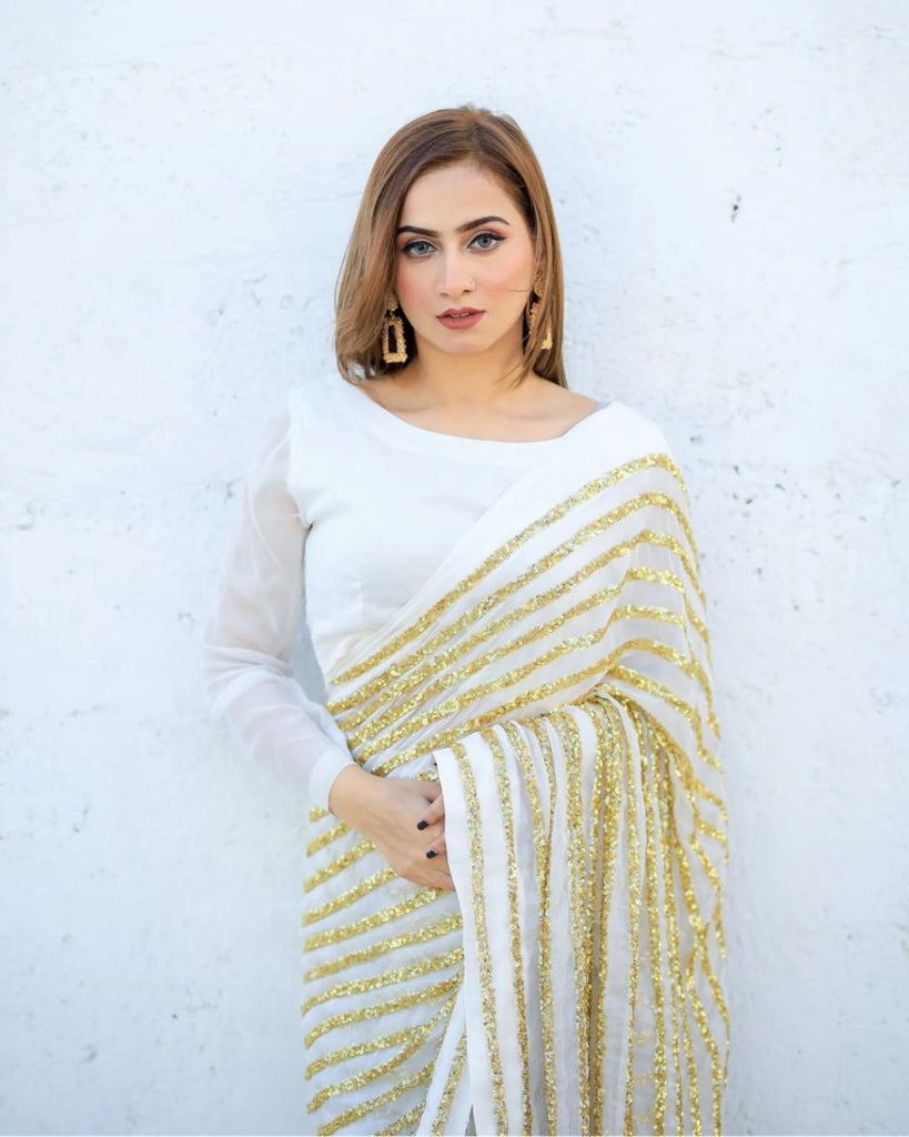 Dazzling White & Gold Striped Sequin Saree - Weave Elegance at Weddings & Parties ClothsVilla