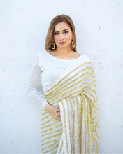 Load image into Gallery viewer, Dazzling White &amp; Gold Striped Sequin Saree - Weave Elegance at Weddings &amp; Parties ClothsVilla