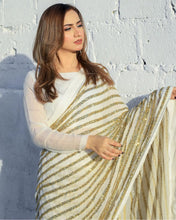 Load image into Gallery viewer, Dazzling White &amp; Gold Striped Sequin Saree - Weave Elegance at Weddings &amp; Parties ClothsVilla