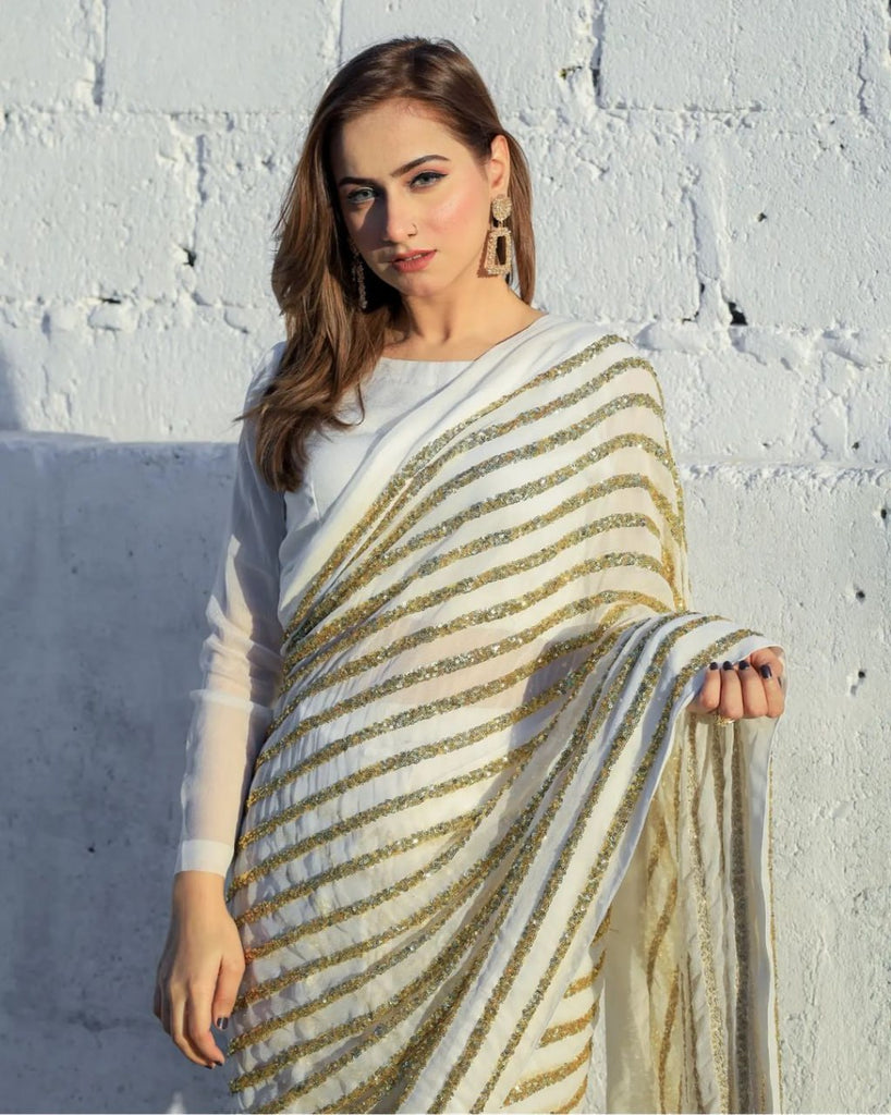 Dazzling White & Gold Striped Sequin Saree - Weave Elegance at Weddings & Parties ClothsVilla