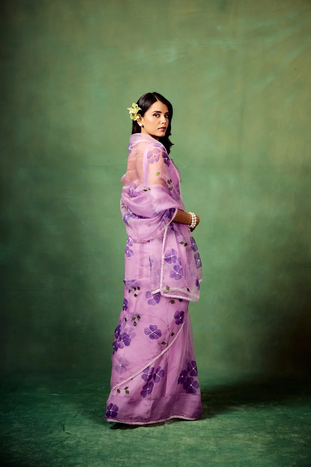 Lavender Pure Organza Saree with Hand-Painted Purple Floral Motifs & Pearl Sequin Highlights | Satin Blouse FANCY SAREES