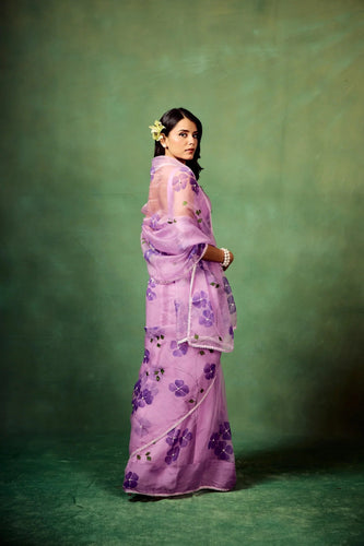 Lavender Pure Organza Saree with Hand-Painted Purple Floral Motifs & Pearl Sequin Highlights | Satin Blouse FANCY SAREES