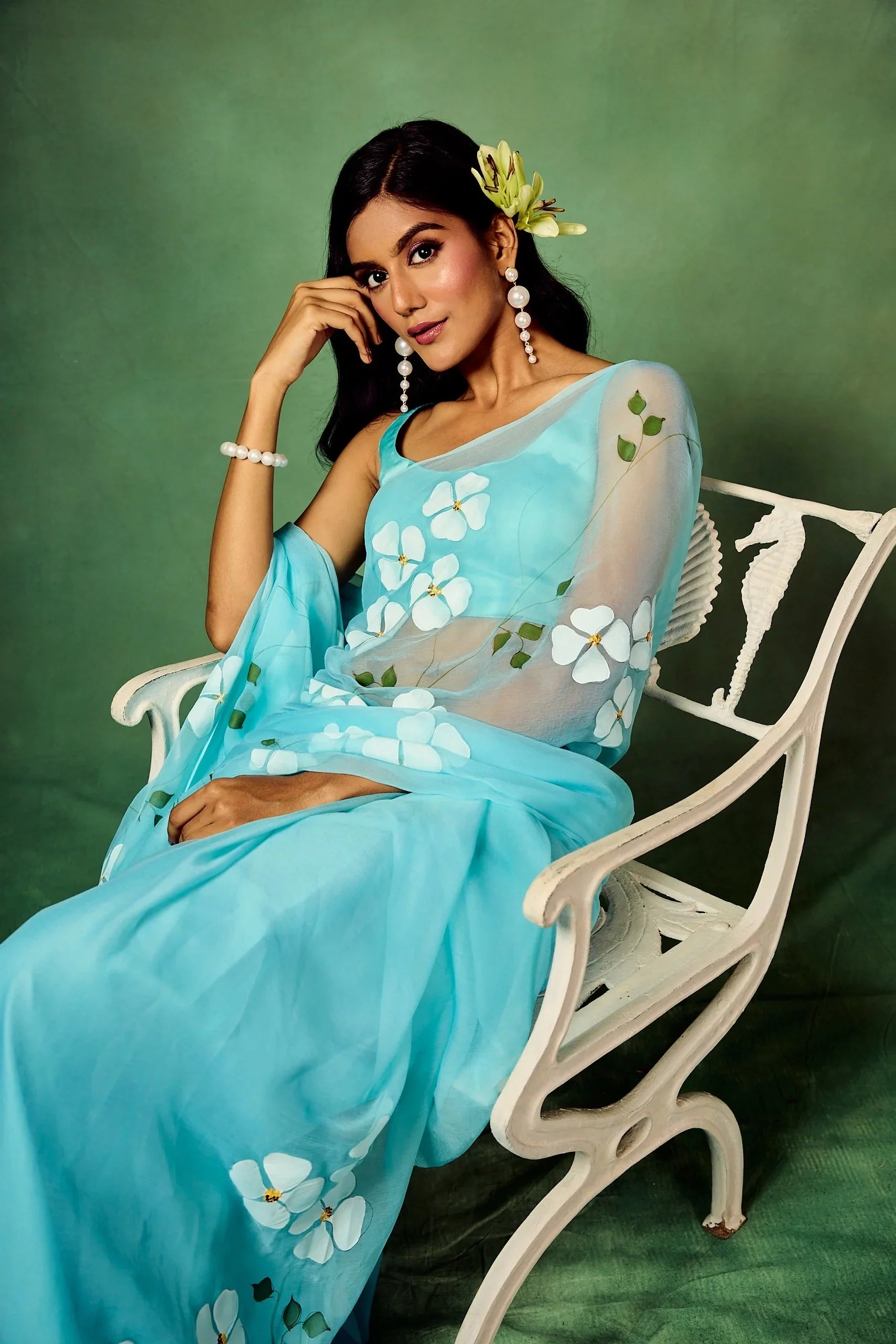 Sky Blue Organza Saree with Hand-Painted White Dogwood Flowers & Satin Blouse FANCY SAREES