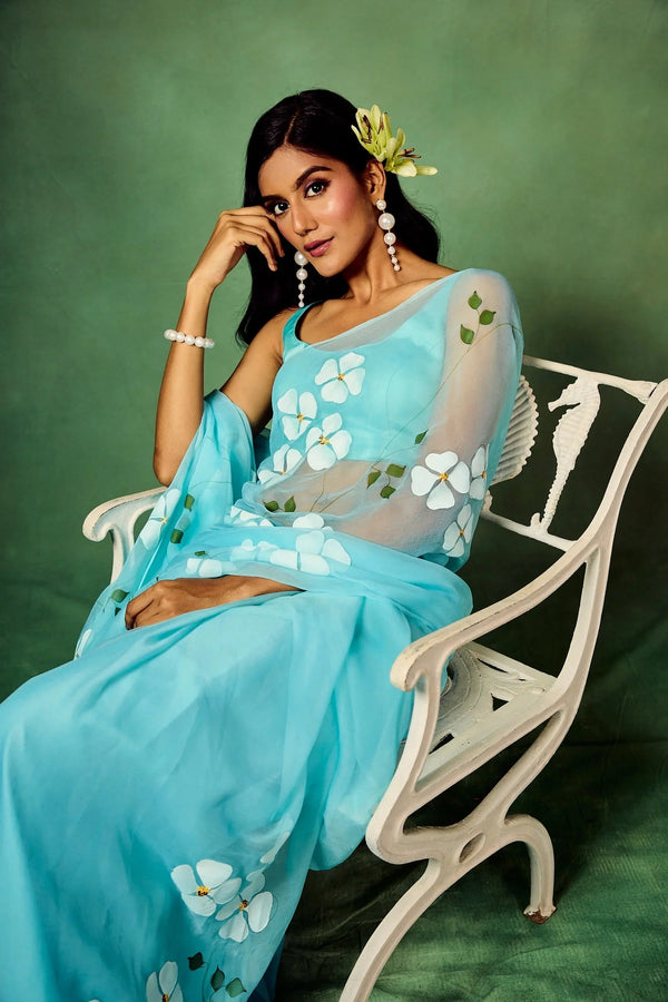 Sky Blue Organza Saree with Hand-Painted White Dogwood Flowers & Satin Blouse FANCY SAREES