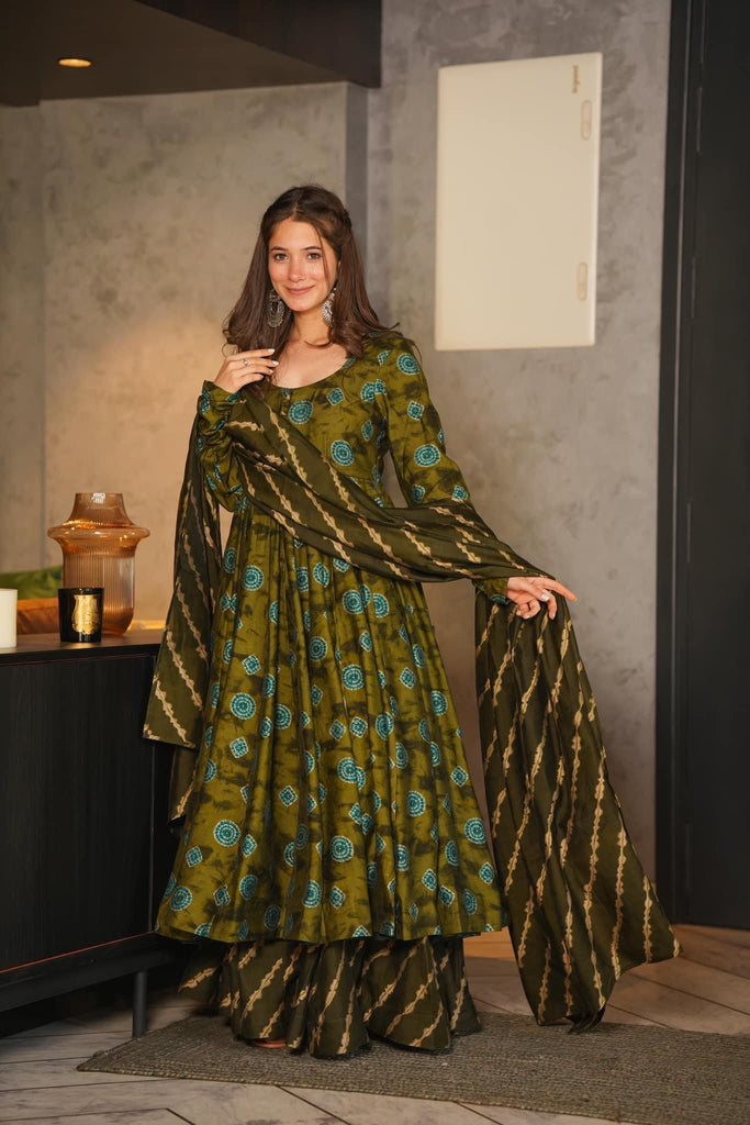 Deep Green Maslin Designer Suit Set with Heavy Digital Print ClothsVilla