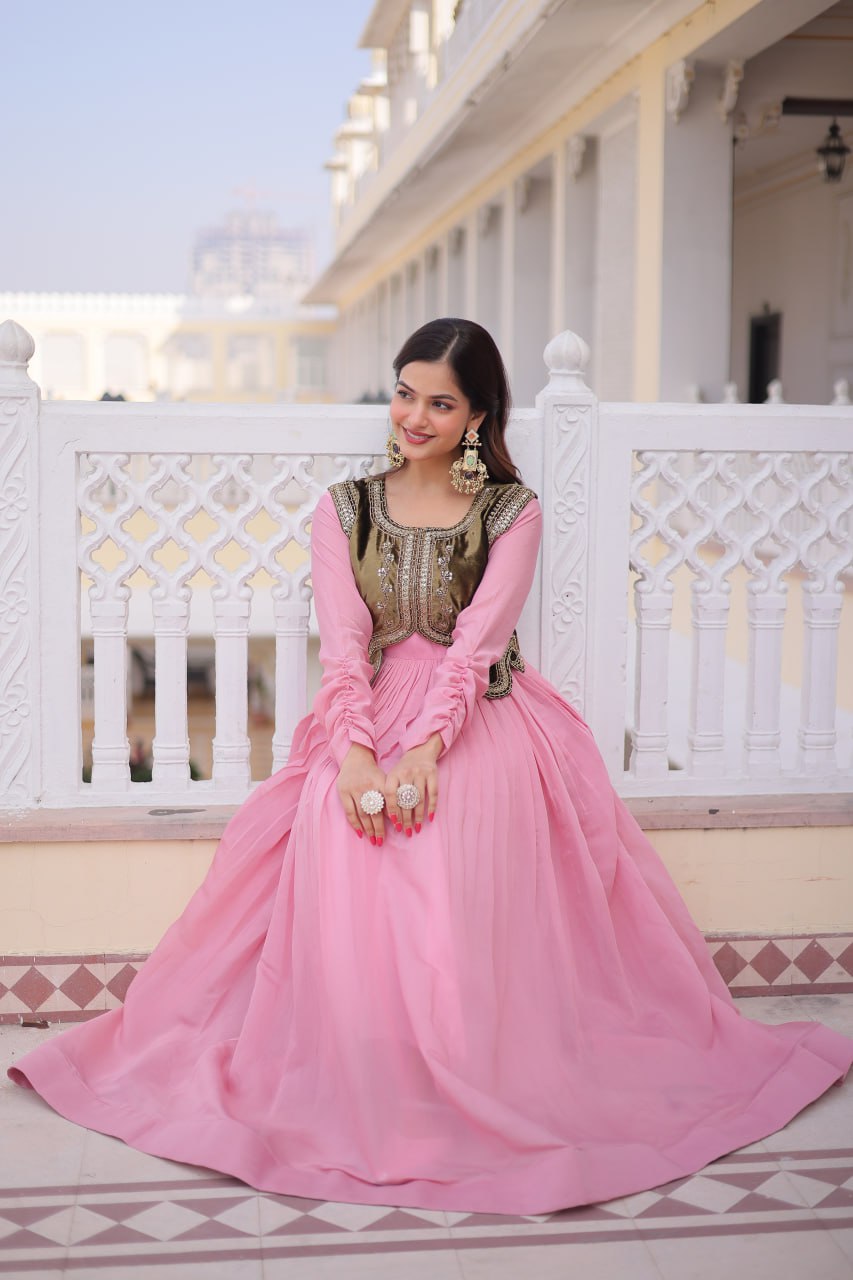 Designer Chanderi Gown with Ice Velvet Koti ClothsVilla