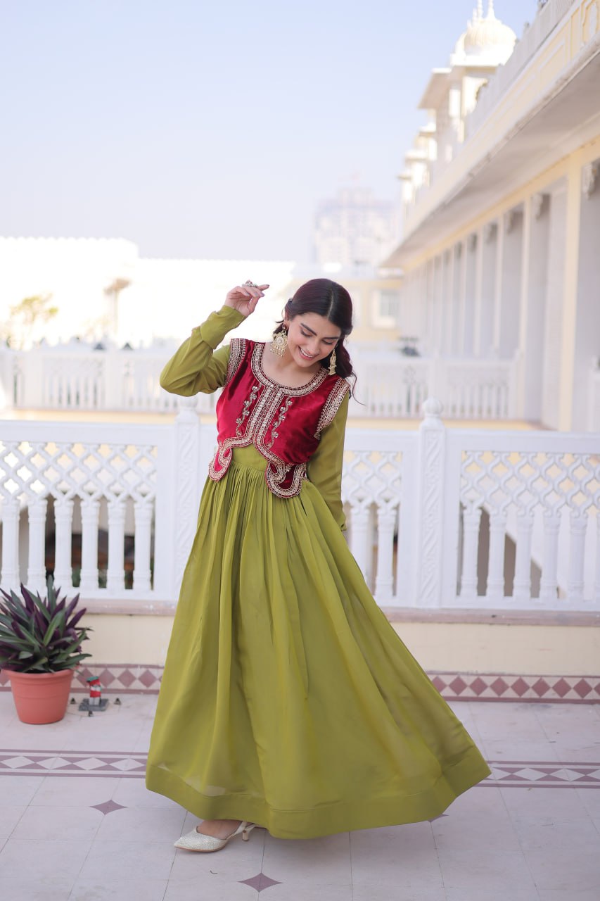Designer Chanderi Gown with Ice Velvet Koti ClothsVilla