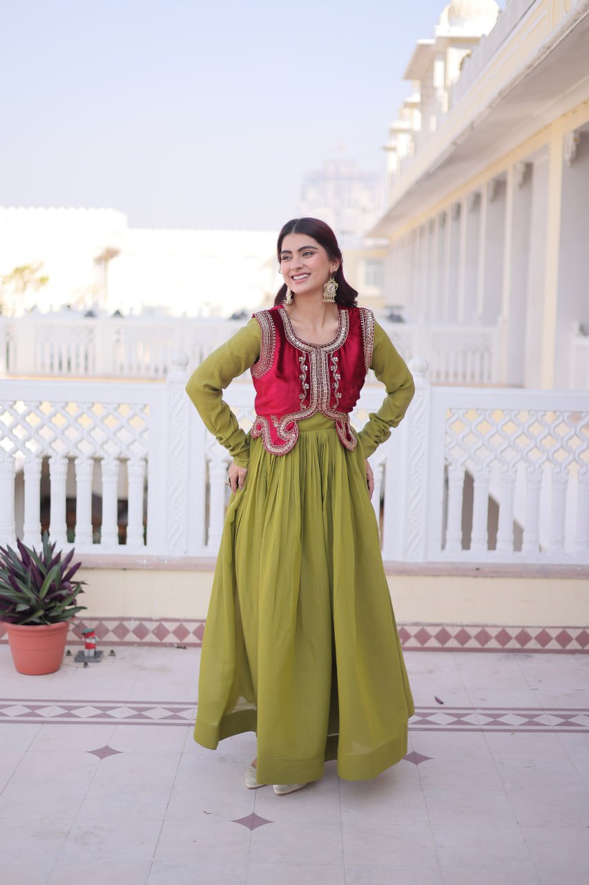 Designer Chanderi Gown with Ice Velvet Koti Secondary image