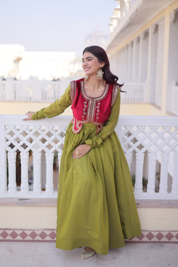 Designer Chanderi Gown with Ice Velvet Koti ClothsVilla