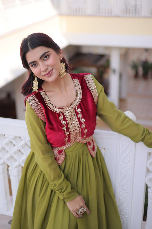 Designer Chanderi Gown with Ice Velvet Koti ClothsVilla