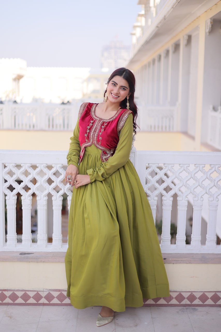 Designer Chanderi Gown with Ice Velvet Koti ClothsVilla
