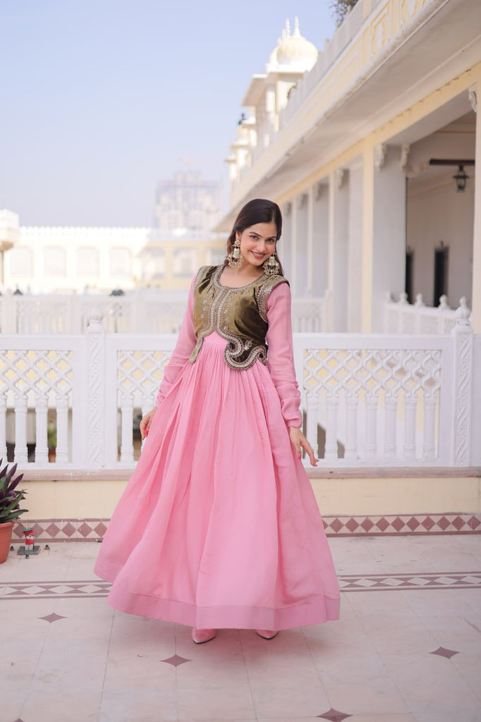 Designer Chanderi Gown with Ice Velvet Koti ClothsVilla