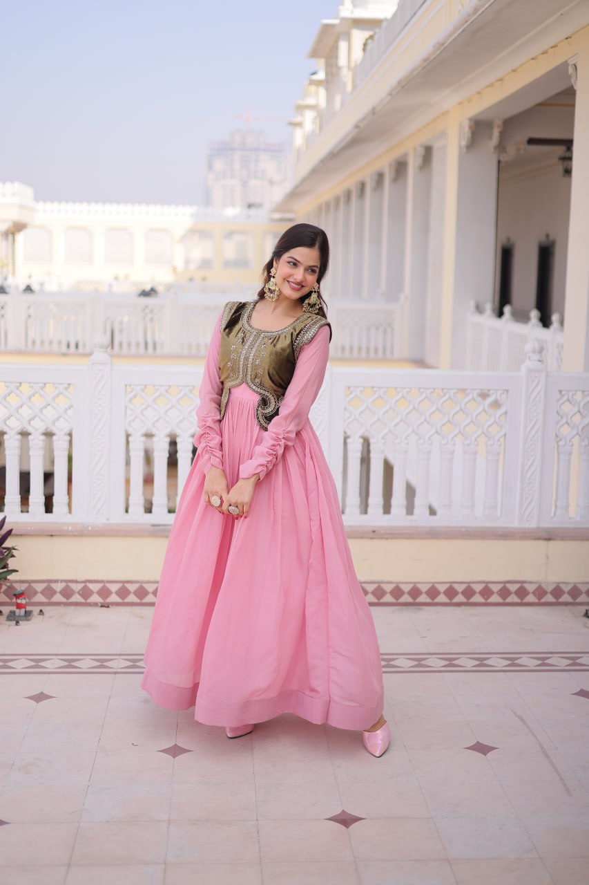 Designer Chanderi Gown with Ice Velvet Koti ClothsVilla