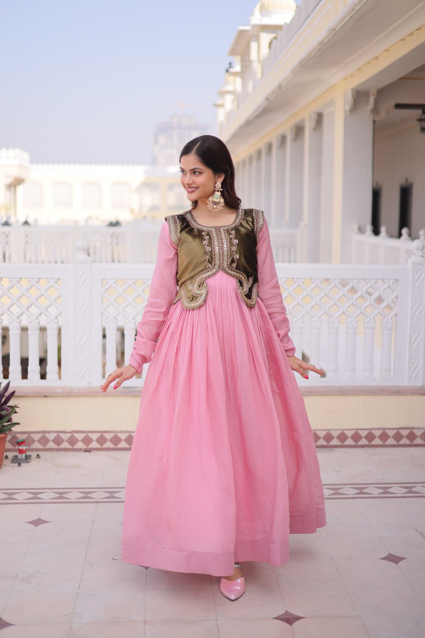 Designer Chanderi Gown with Ice Velvet Koti ClothsVilla