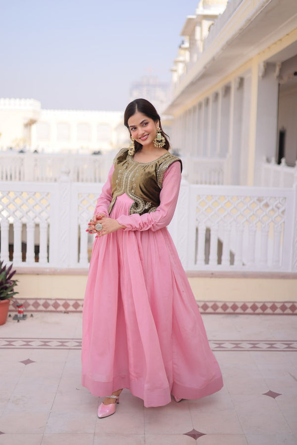 Designer Chanderi Gown with Ice Velvet Koti ClothsVilla