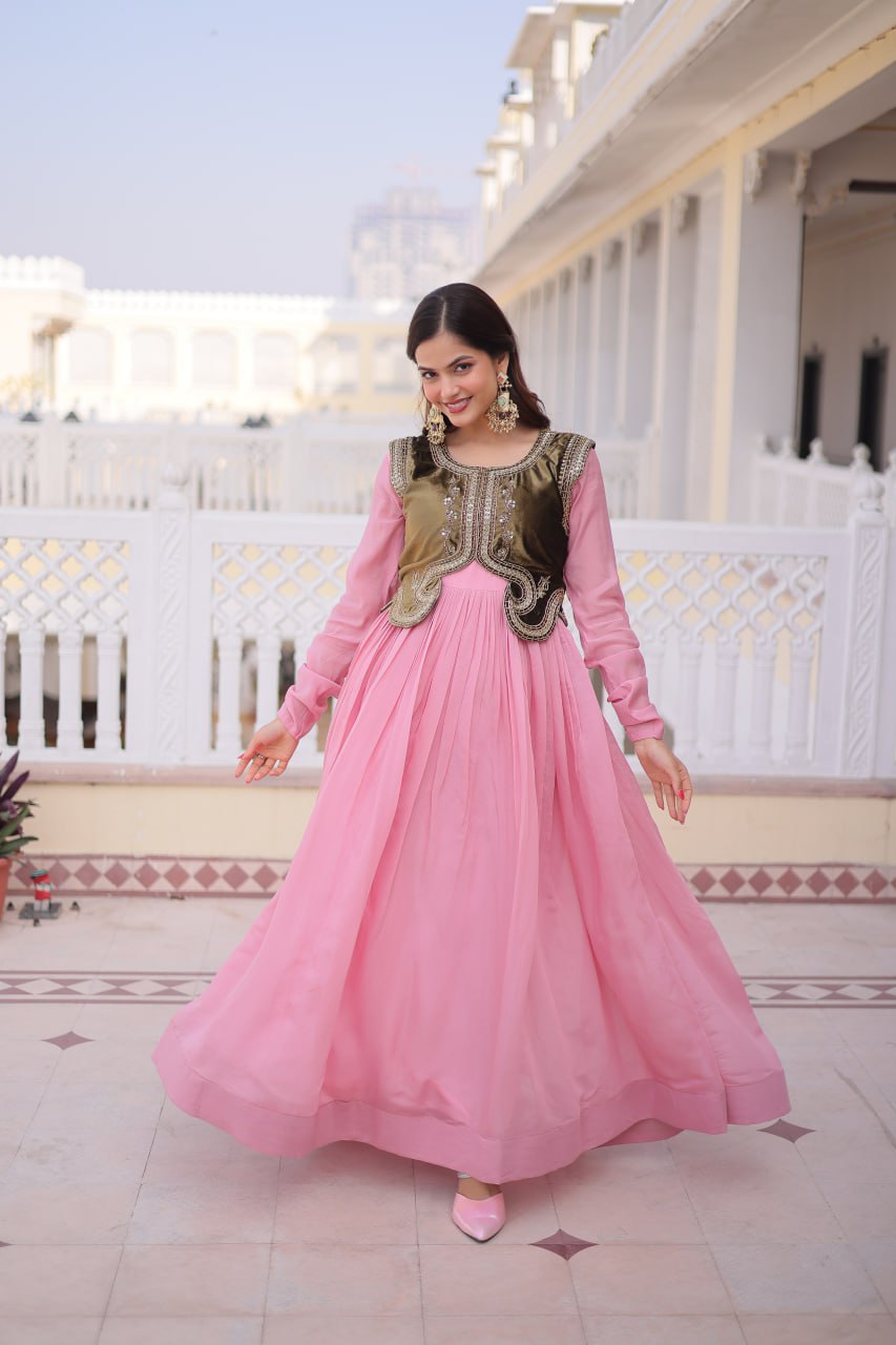 Designer Chanderi Gown with Ice Velvet Koti ClothsVilla