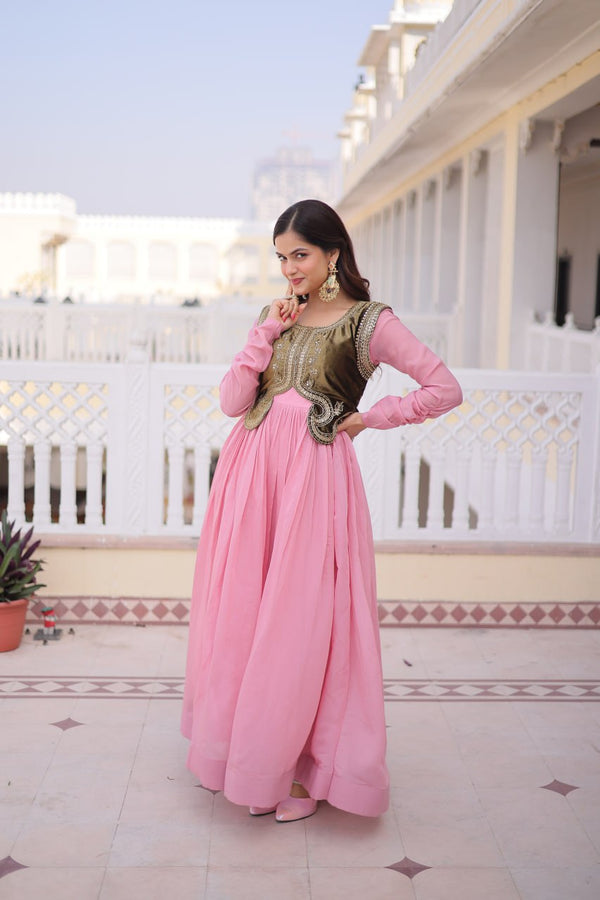 Designer Chanderi Gown with Ice Velvet Koti ClothsVilla