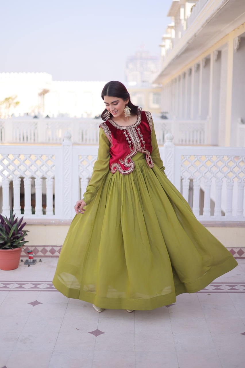 Designer Chanderi Gown with Ice Velvet Koti ClothsVilla
