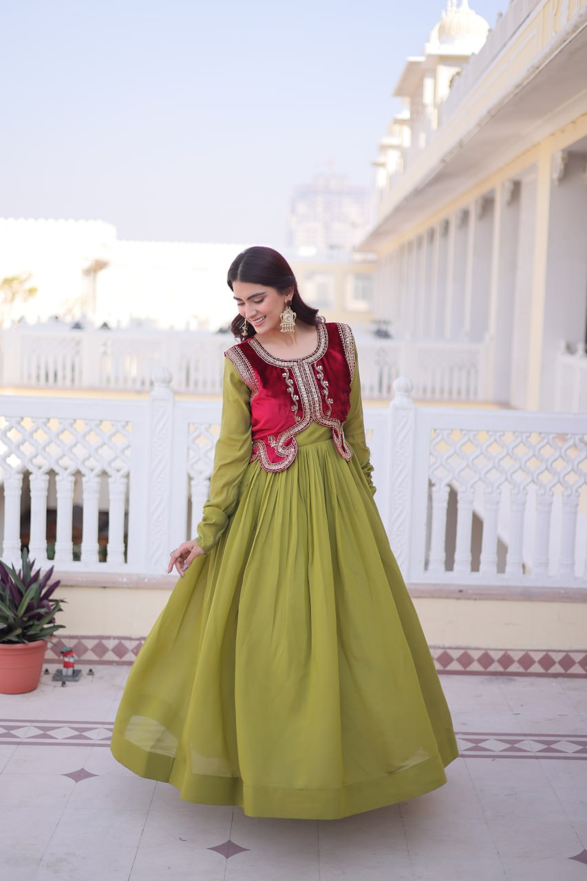 Designer Chanderi Gown with Ice Velvet Koti ClothsVilla