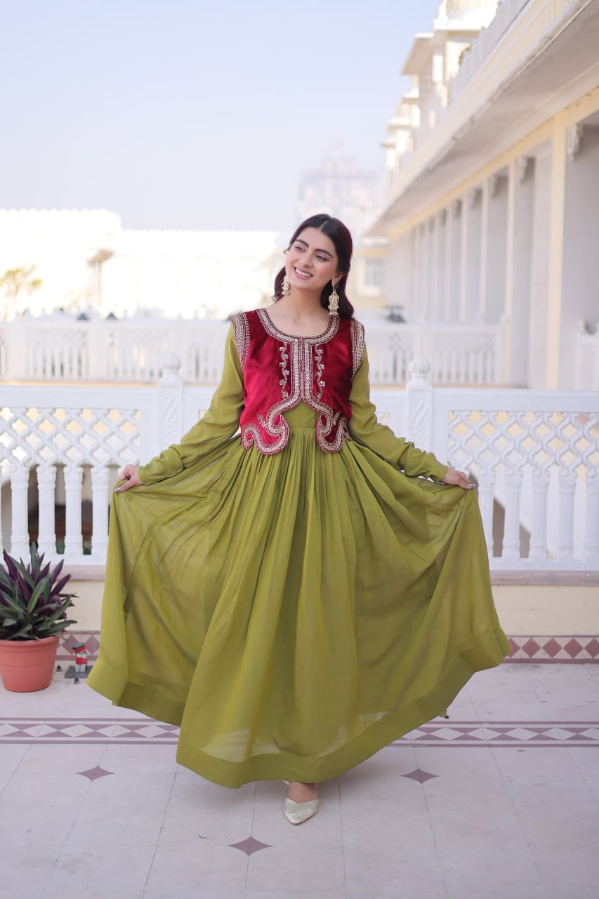 Designer Chanderi Gown with Ice Velvet Koti ClothsVilla