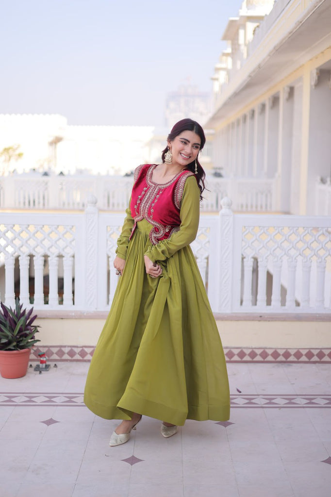 Designer Chanderi Gown with Ice Velvet Koti ClothsVilla