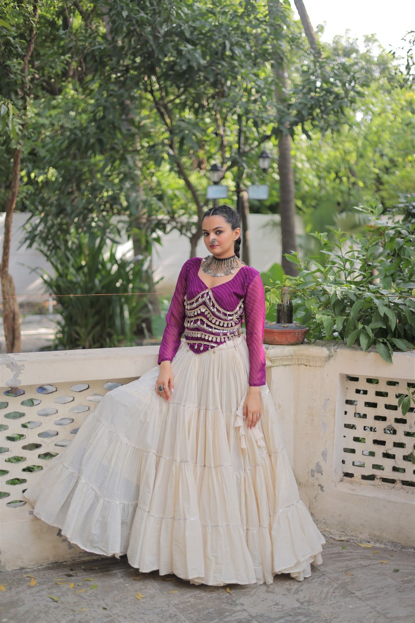 Designer Kora Cotton Lehenga with 12 Meter Flair & Leheriya Print Mirror Work Blouse ClothsVilla