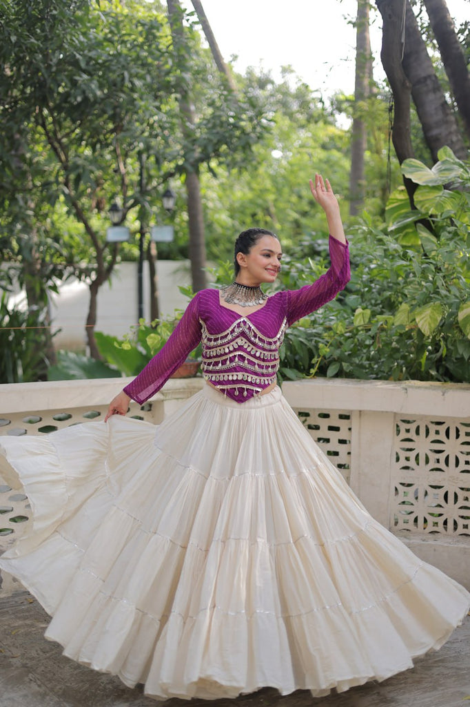 Designer Kora Cotton Lehenga with 12 Meter Flair & Leheriya Print Mirror Work Blouse ClothsVilla