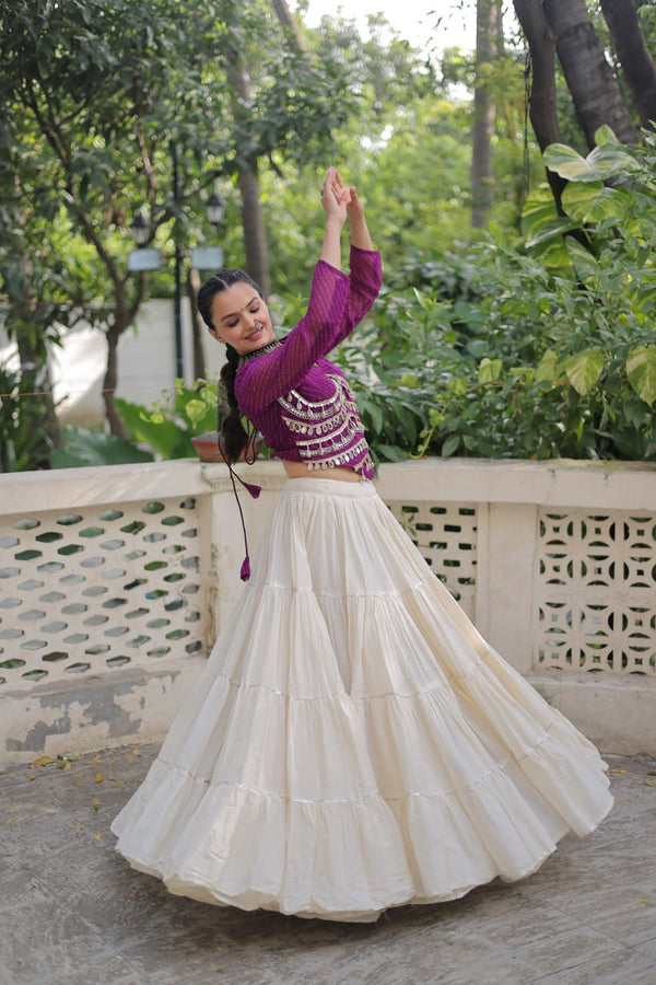 Designer Kora Cotton Lehenga with 12 Meter Flair & Leheriya Print Mirror Work Blouse ClothsVilla