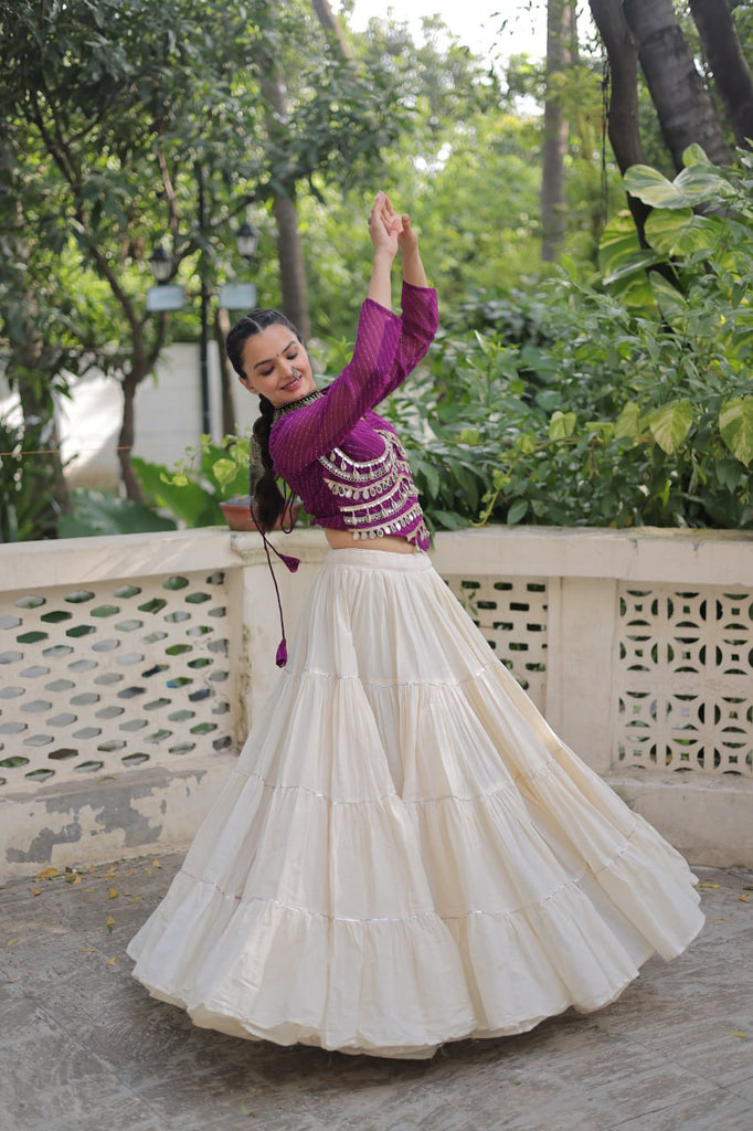 Designer Kora Cotton Lehenga with 12 Meter Flair & Leheriya Print Mirror Work Blouse ClothsVilla