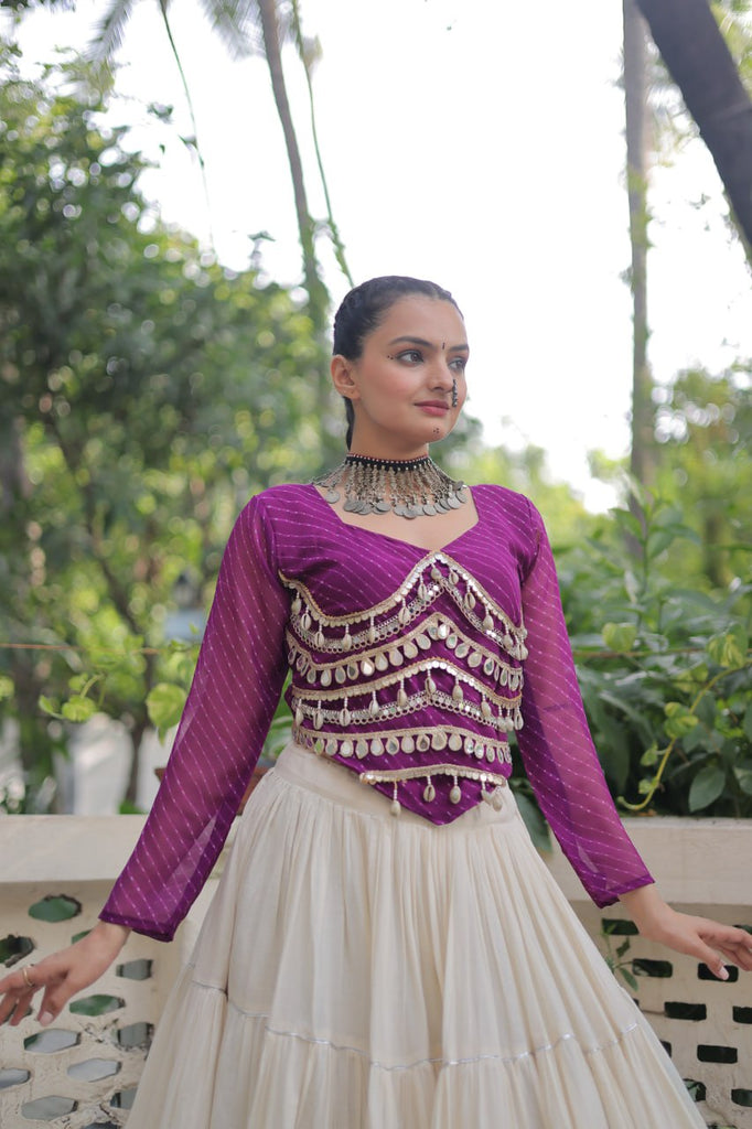 Designer Kora Cotton Lehenga with 12 Meter Flair & Leheriya Print Mirror Work Blouse ClothsVilla