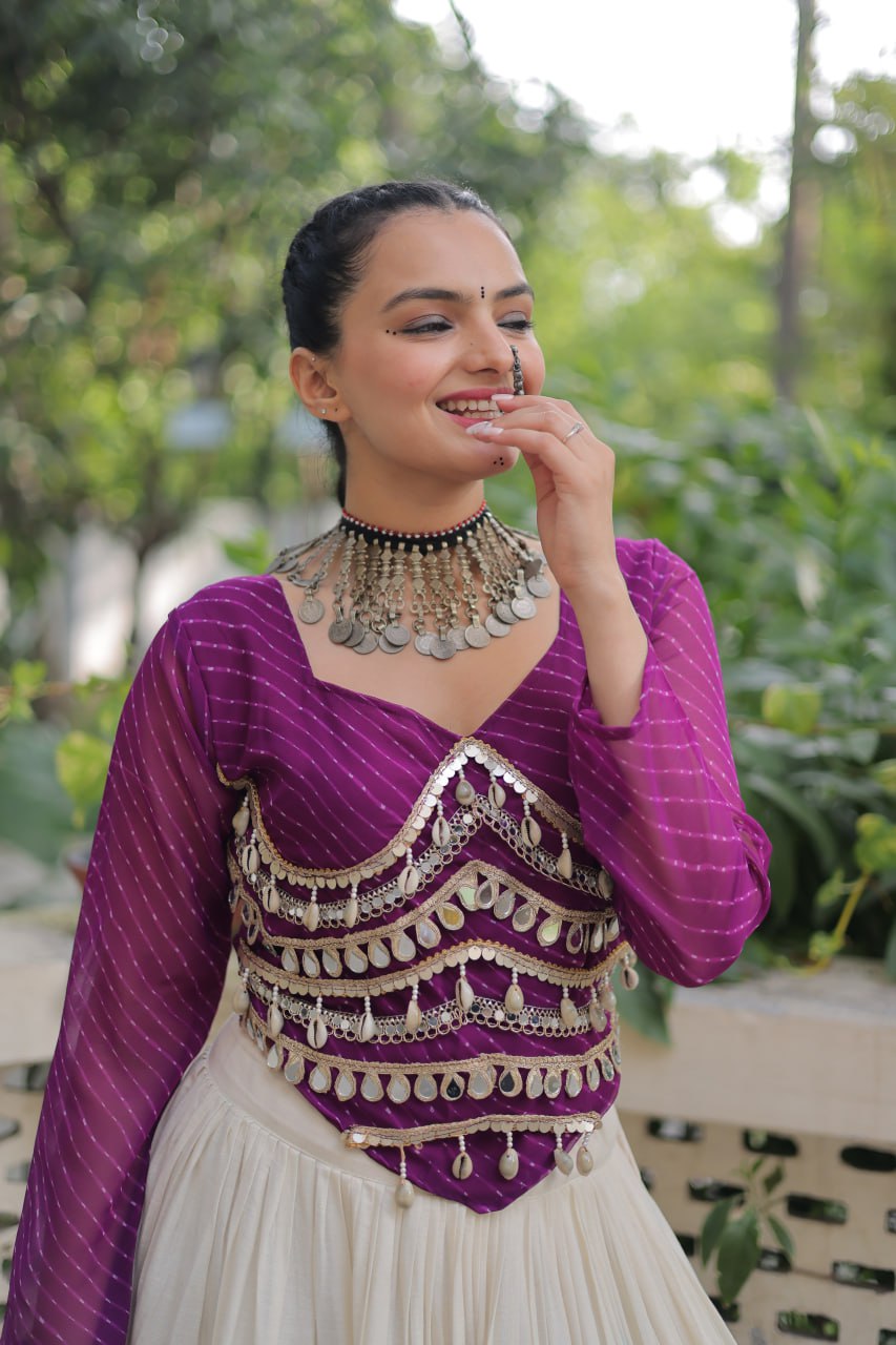Designer Kora Cotton Lehenga with 12 Meter Flair & Leheriya Print Mirror Work Blouse ClothsVilla