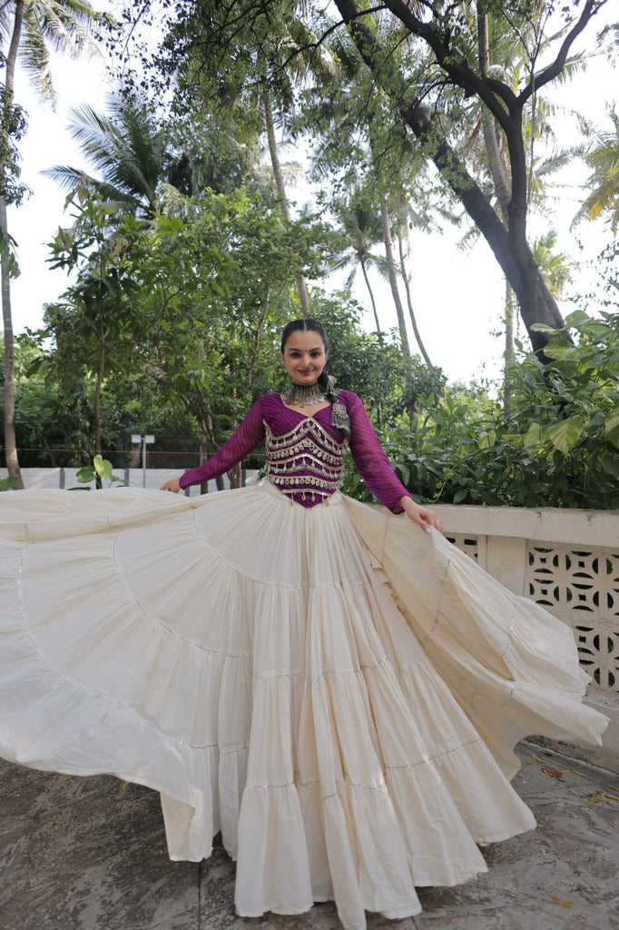 Designer Kora Cotton Lehenga with 12 Meter Flair & Leheriya Print Mirror Work Blouse ClothsVilla