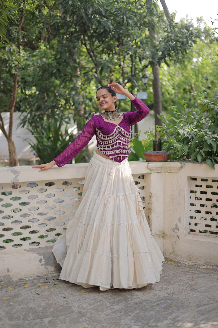 Designer Kora Cotton Lehenga with 12 Meter Flair & Leheriya Print Mirror Work Blouse ClothsVilla