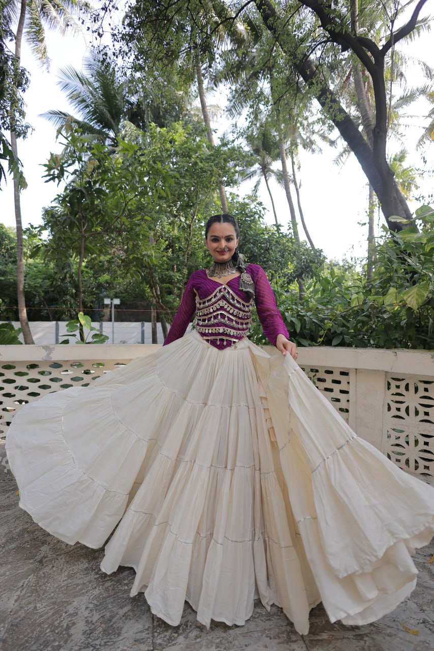 Designer Kora Cotton Lehenga with 12 Meter Flair & Leheriya Print Mirror Work Blouse ClothsVilla