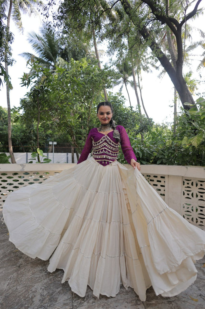 Designer Kora Cotton Lehenga with 12 Meter Flair & Leheriya Print Mirror Work Blouse ClothsVilla