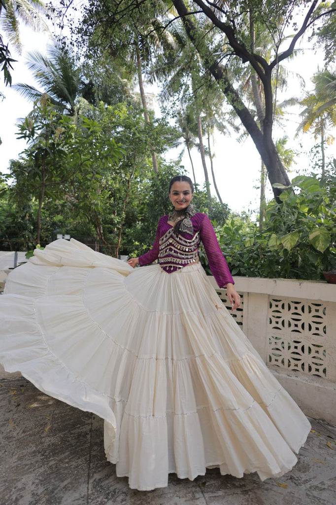 Designer Kora Cotton Lehenga with 12 Meter Flair & Leheriya Print Mirror Work Blouse ClothsVilla