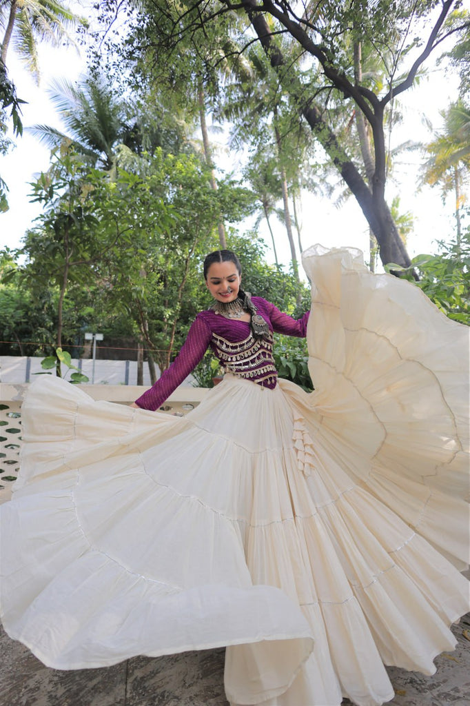 Designer Kora Cotton Lehenga with 12 Meter Flair & Leheriya Print Mirror Work Blouse ClothsVilla