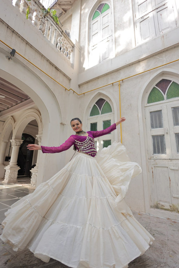 Designer Kora Cotton Lehenga with 12 Meter Flair & Leheriya Print Mirror Work Blouse ClothsVilla