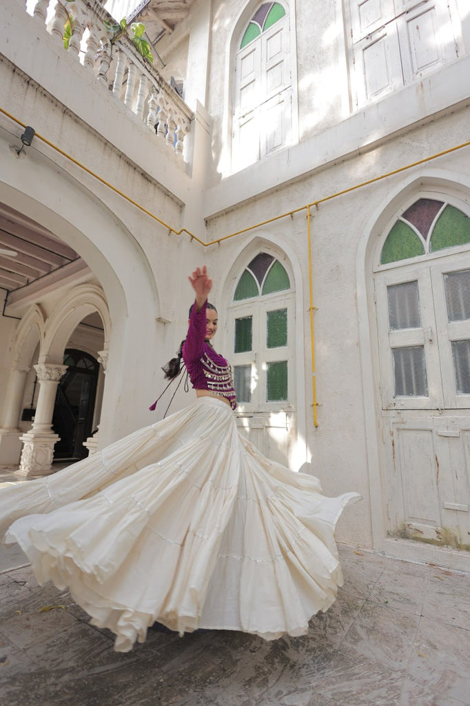 Designer Kora Cotton Lehenga with 12 Meter Flair & Leheriya Print Mirror Work Blouse ClothsVilla