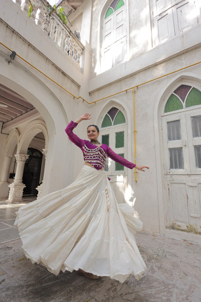 Designer Kora Cotton Lehenga with 12 Meter Flair & Leheriya Print Mirror Work Blouse ClothsVilla