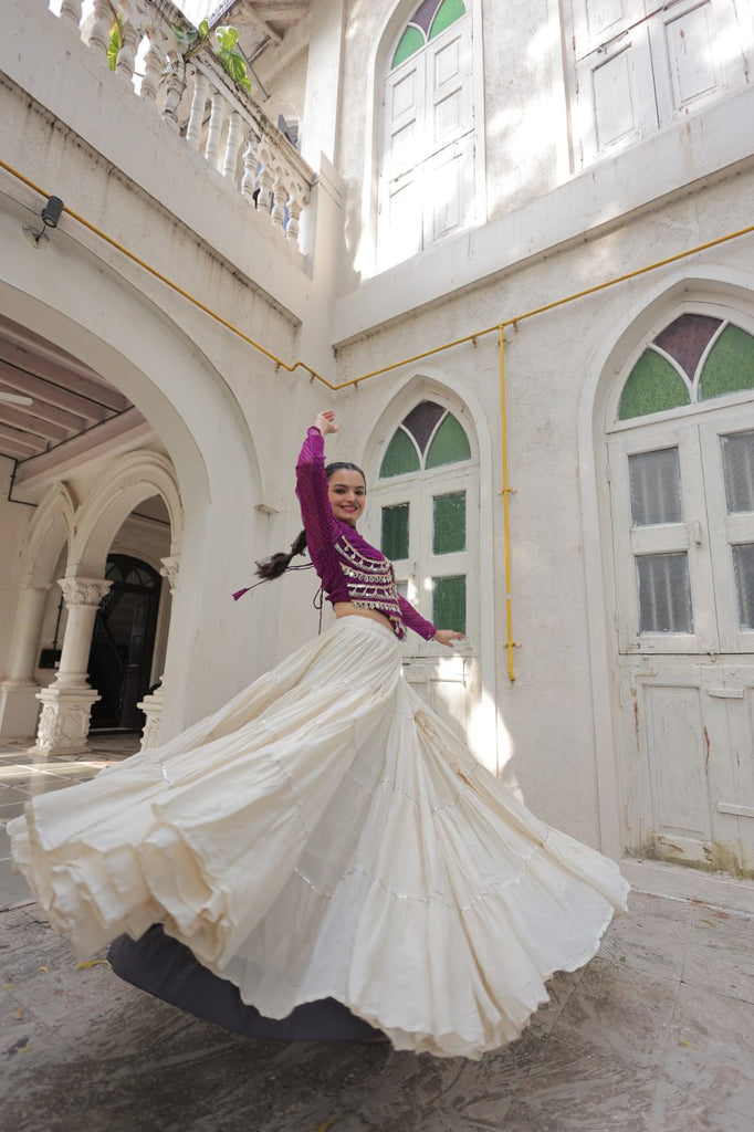 Designer Kora Cotton Lehenga with 12 Meter Flair & Leheriya Print Mirror Work Blouse ClothsVilla