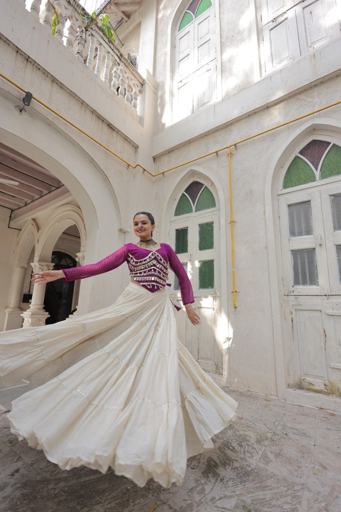 Designer Kora Cotton Lehenga with 12 Meter Flair & Leheriya Print Mirror Work Blouse ClothsVilla