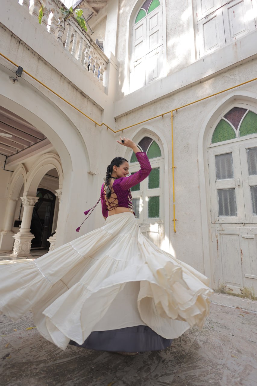 Designer Kora Cotton Lehenga with 12 Meter Flair & Leheriya Print Mirror Work Blouse ClothsVilla