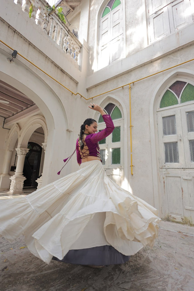 Designer Kora Cotton Lehenga with 12 Meter Flair & Leheriya Print Mirror Work Blouse ClothsVilla