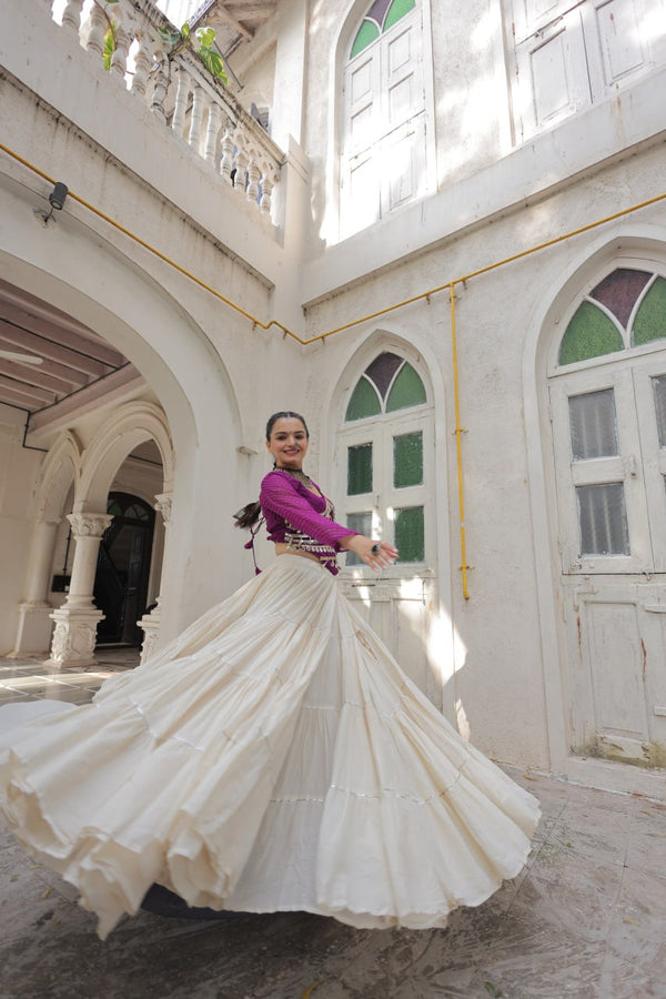Designer Kora Cotton Lehenga with 12 Meter Flair & Leheriya Print Mirror Work Blouse ClothsVilla