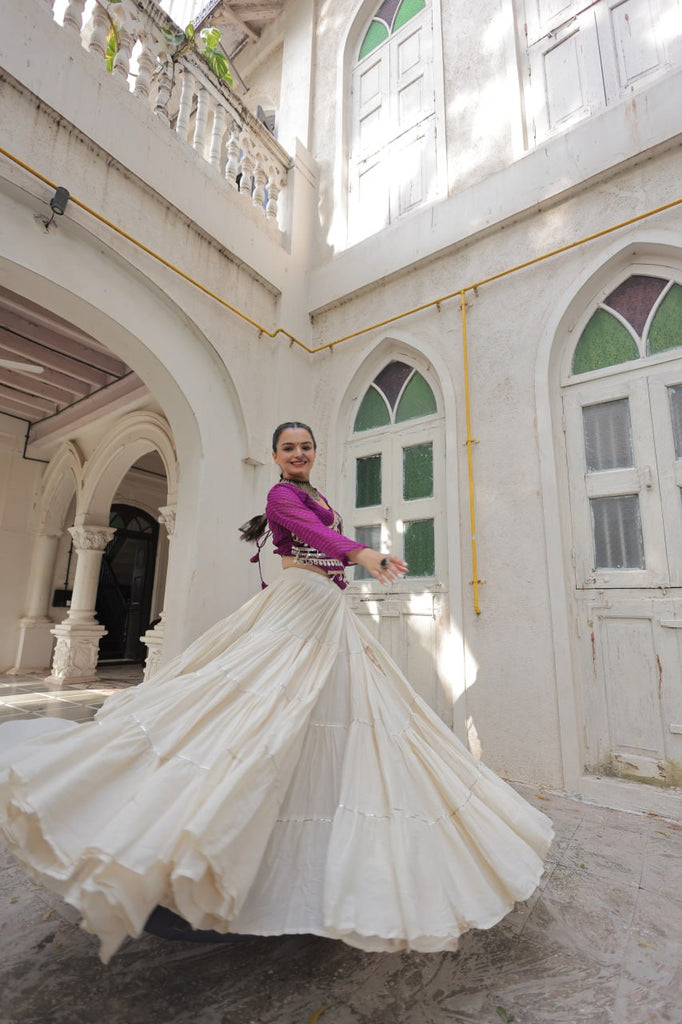 Designer Kora Cotton Lehenga with 12 Meter Flair & Leheriya Print Mirror Work Blouse ClothsVilla