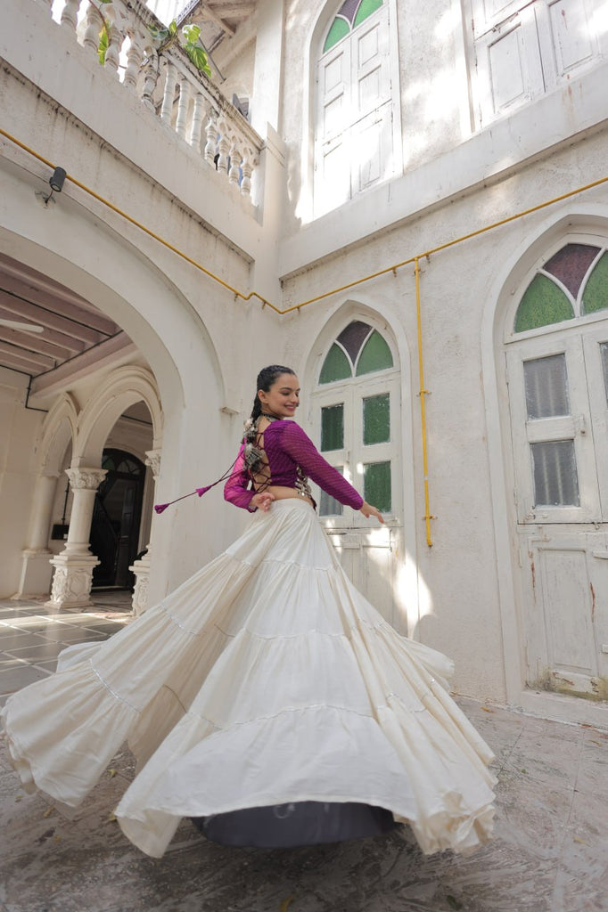 Designer Kora Cotton Lehenga with 12 Meter Flair & Leheriya Print Mirror Work Blouse ClothsVilla